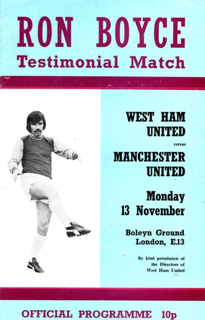 13th November 1972 West Ham United v Manchester United Testimonial Ron Boyce 1972-1973