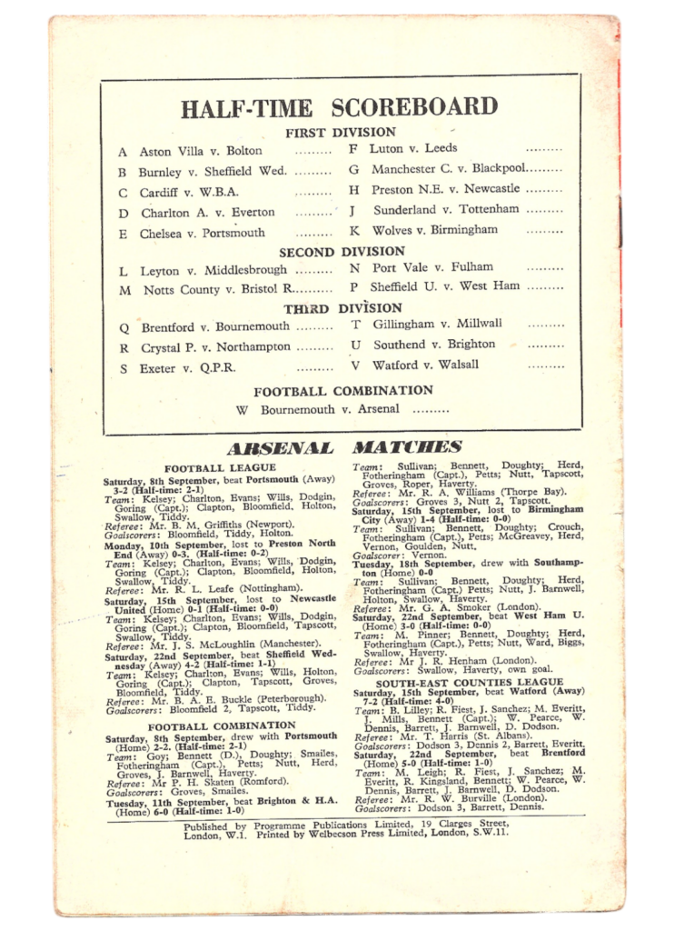 29th September 1956 Arsenal FC v Manchester United Division One Matchday 10 1956-1957 - Image 2