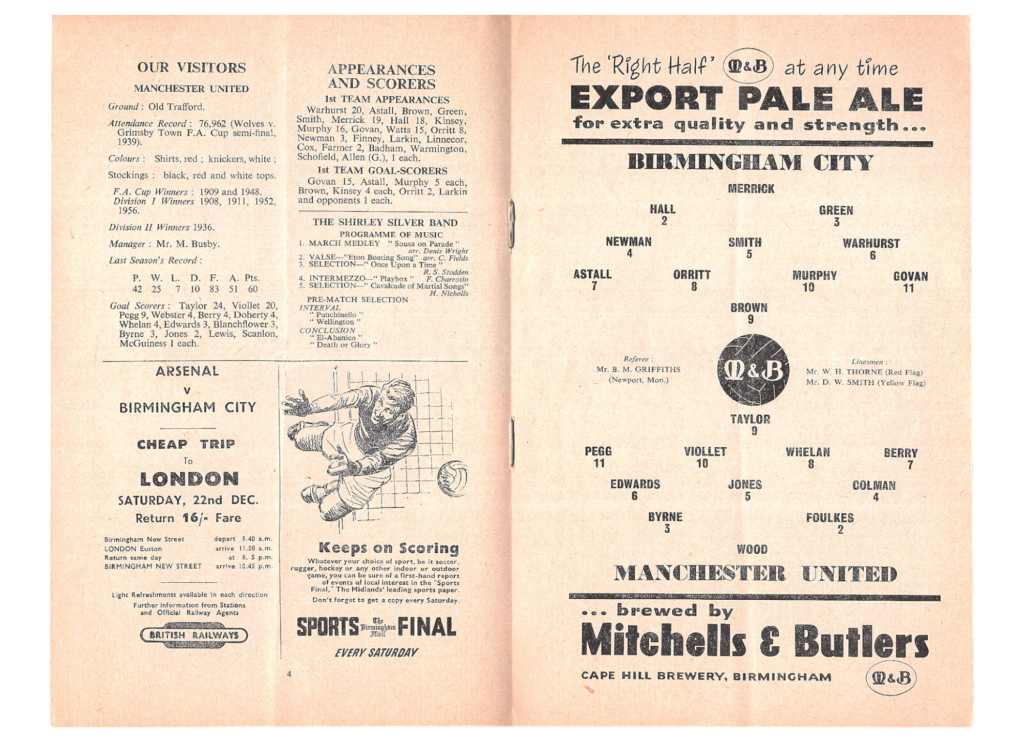 15th December 1956 Birmingham City v Manchester United Division One Matchday 21 1956-1957 - Image 3