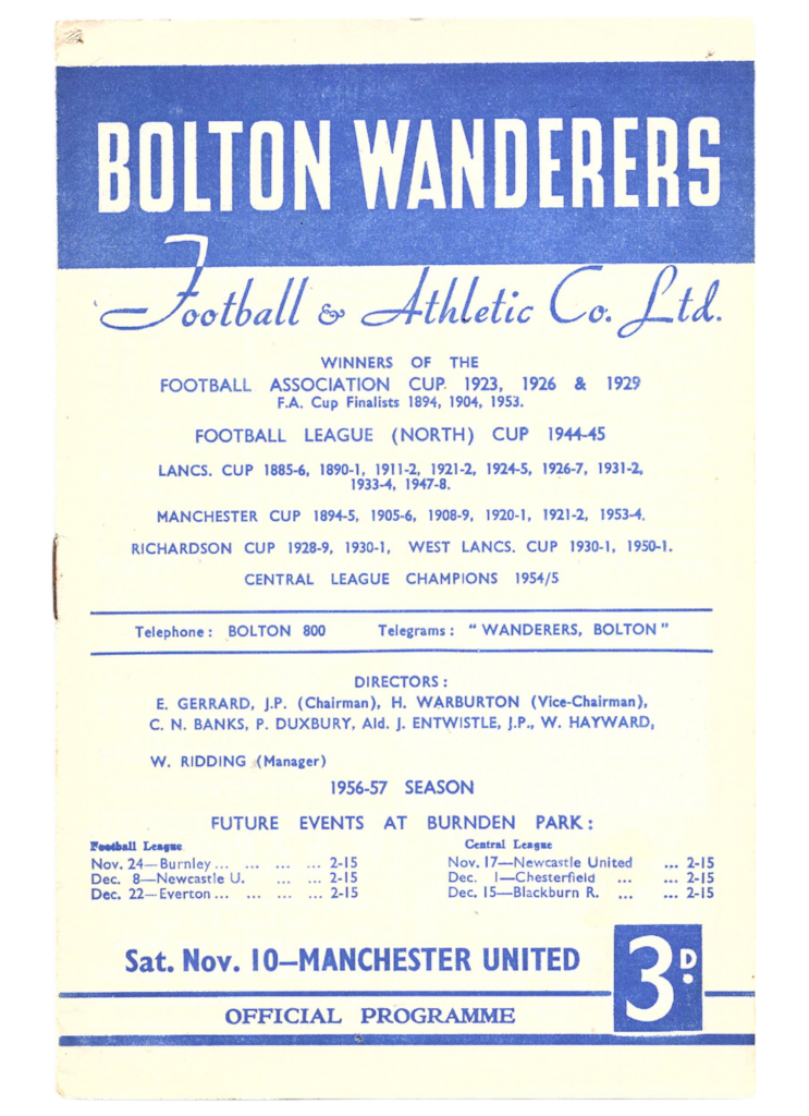 10th November 1956 Bolton Wanderers v Manchester United Division One Matchday 16 1956-1957