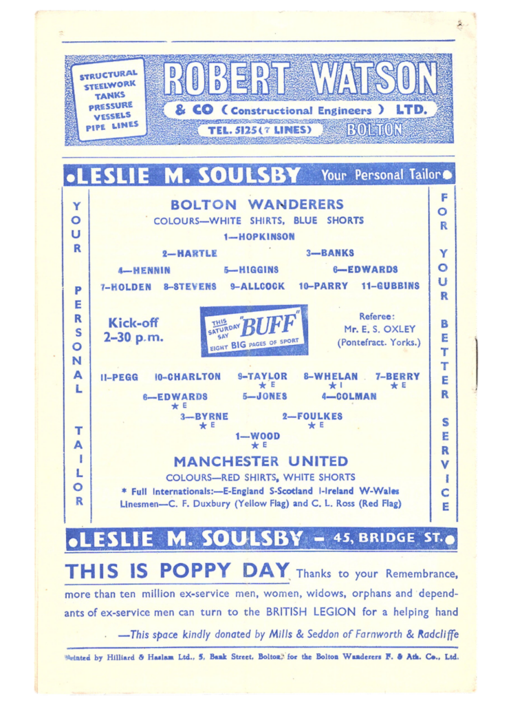 10th November 1956 Bolton Wanderers v Manchester United Division One Matchday 16 1956-1957 - Image 2