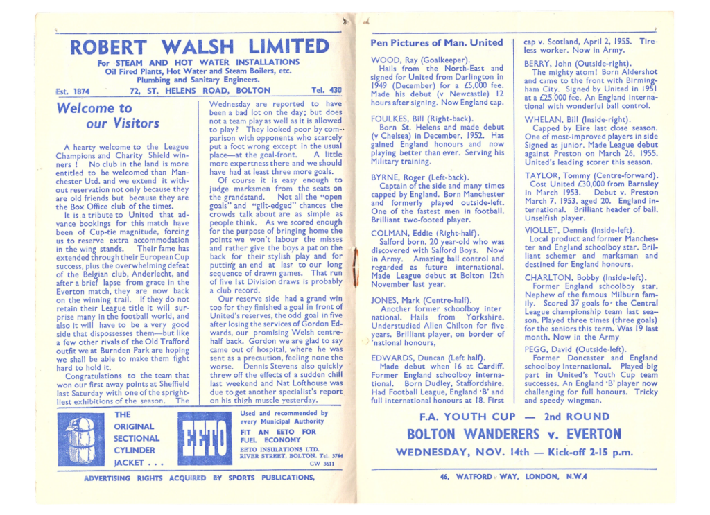 10th November 1956 Bolton Wanderers v Manchester United Division One Matchday 16 1956-1957 - Image 3