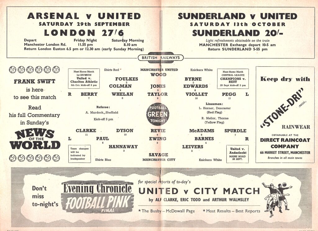 22nd September 1956 Manchester United v Manchester City Division One Matchday 09 1956-1957 - Image 3