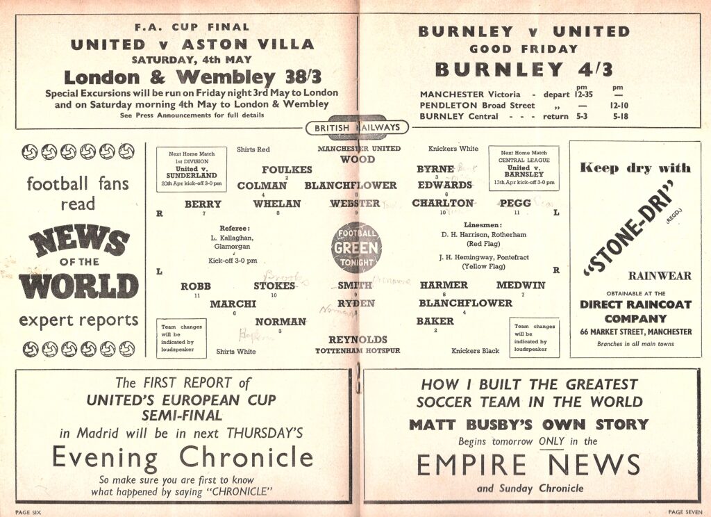 6th April 1957 Manchester United v Tottenham Hotspur Division One Matchday 36 1956-1957 - Image 3