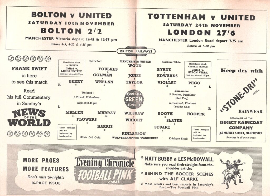 3rd November 1956 Manchester United v Wolverhampton Wanderers Division One Matchday 15 1956-1957 - Image 3