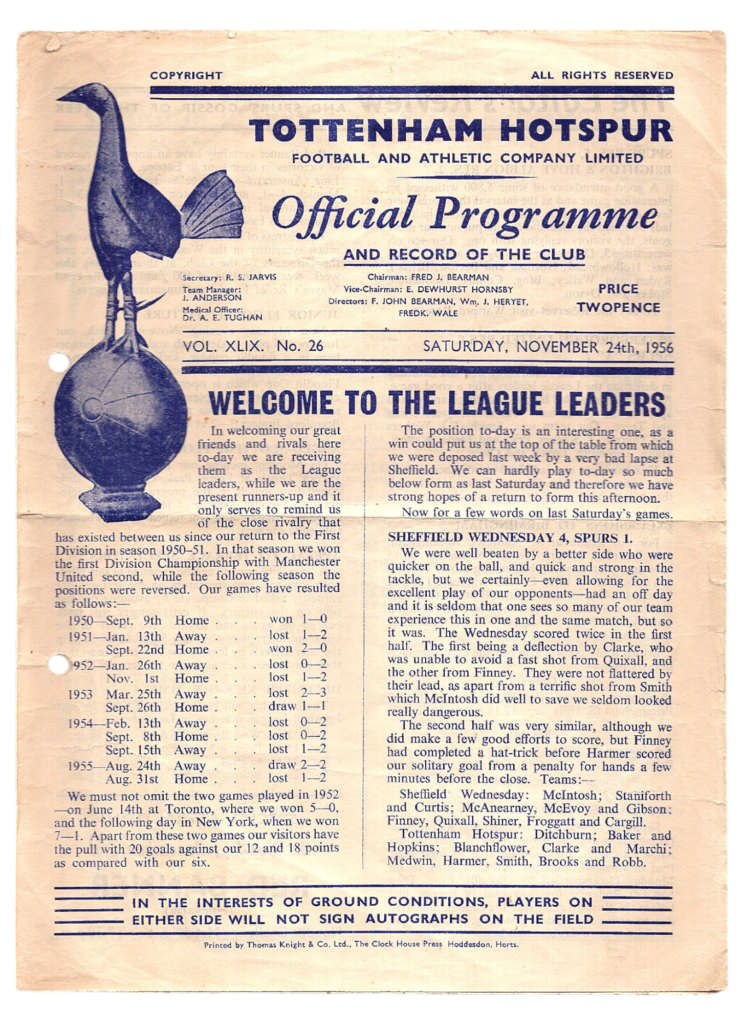 24th November 1956 Tottenham Hotspur v Manchester United Division One Matchday 18 1956-1957