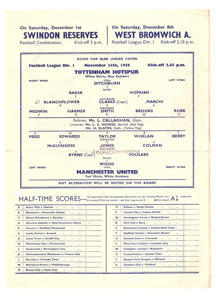 24th November 1956 Tottenham Hotspur v Manchester United Division One Matchday 18 1956-1957 - Image 3