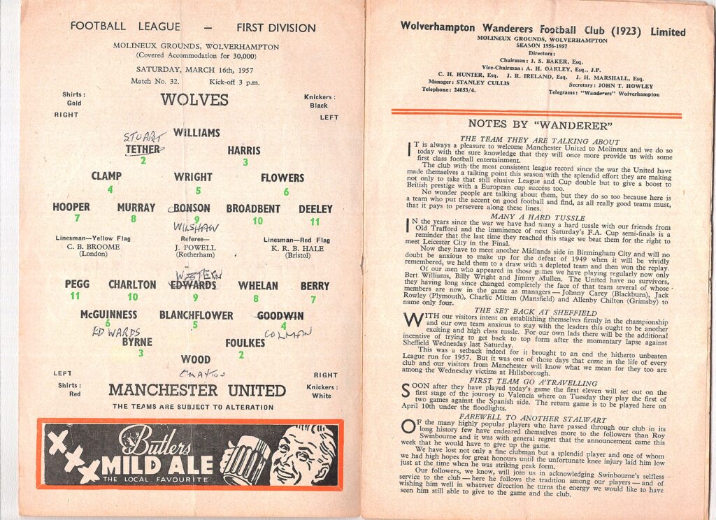 16th March 1957 Wolverhampton Wanderers v Manchester United Division One Matchday 33 1956-1957 - Image 3