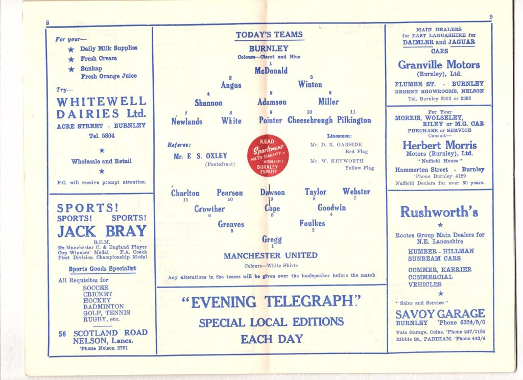 15th March 1958 Burnley FC v Manchester United Division One Matchday 31 1957-1958 - Image 3