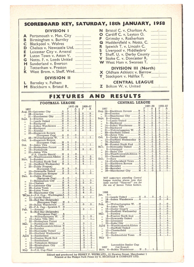 18th January 1958 Manchester United v Bolton Wanderers Division One Matchday 27 1957-1958 - Image 2