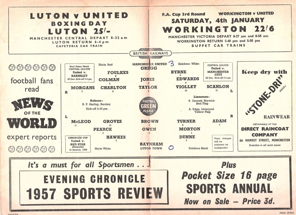 25th December 1957 Manchester United v Luton Town Division One Matchday 23 1957-1958 - Image 3