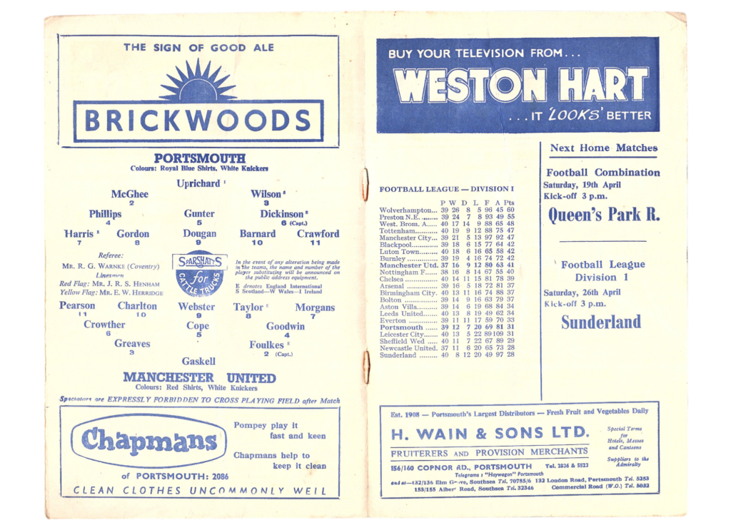 16th April 1958 Portsmouth FC v Manchester United Division One Matchday 38 1957-1958 - Image 3