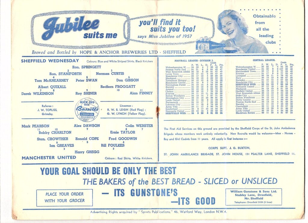 29th March 1958 Sheffield Wednesday v Manchester United Division One Matchday 32 1957-1958 - Image 3