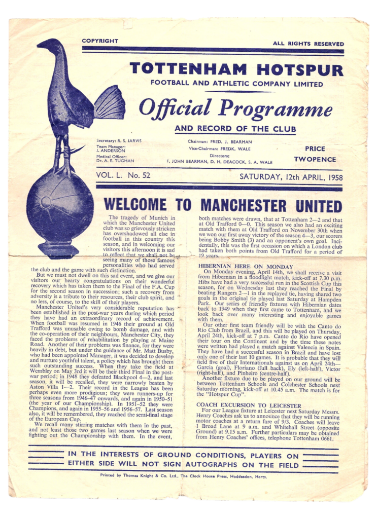 12th April 1958 Tottenham Hotspur v Manchester United Division One Matchday 37 1957-1958