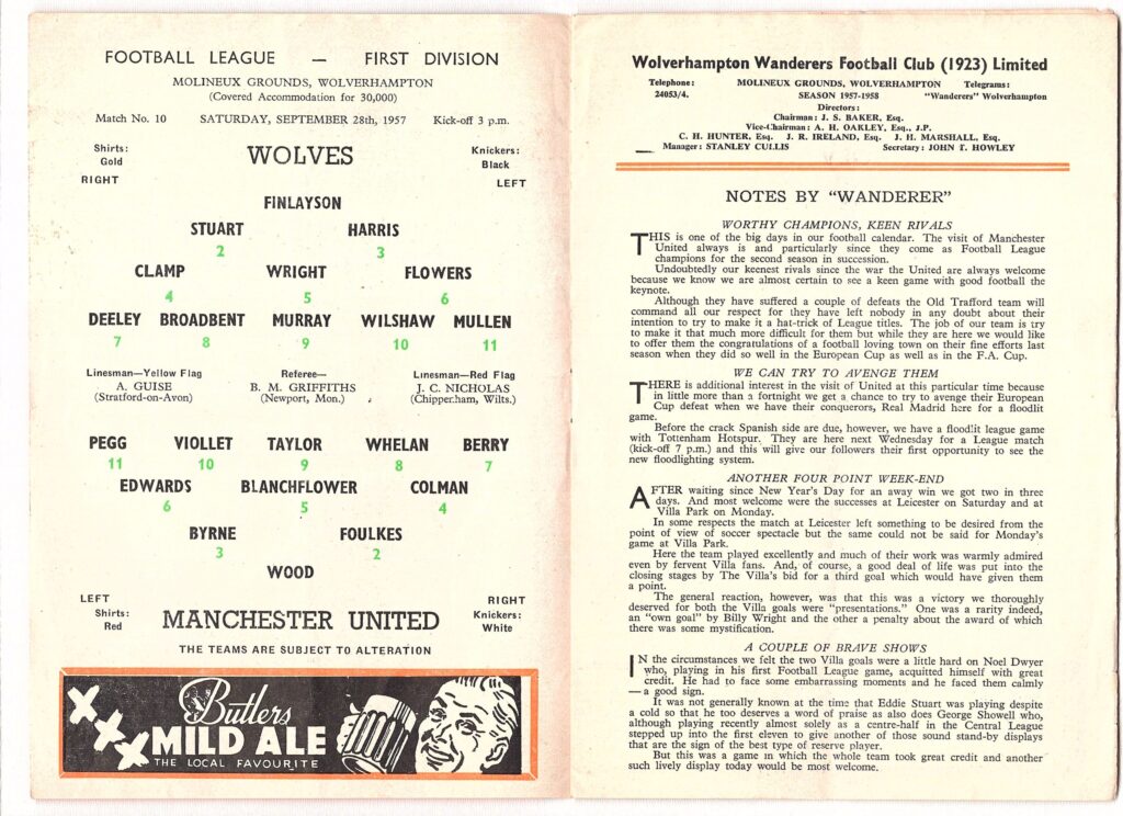 28th September 1957 Wolverhampton Wanderers v Manchester United Division One Matchday 10 1957-1958 - Image 3