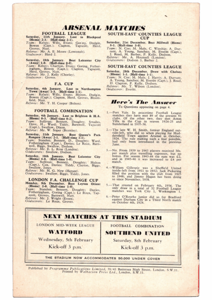 1st February 1958 Arsenal FC v Manchester United Division One Matchday 28 1957-1958 - Image 2