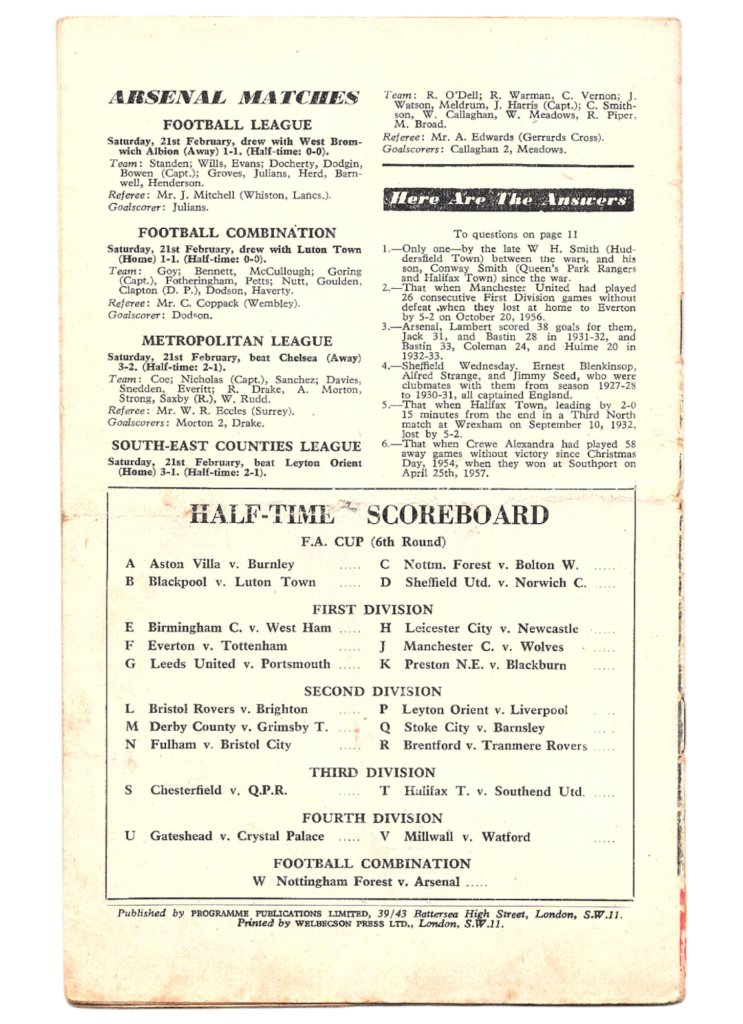 28th February 1959 Arsenal FC v Manchester United Division One Matchday 31 1958-1959 - Image 2