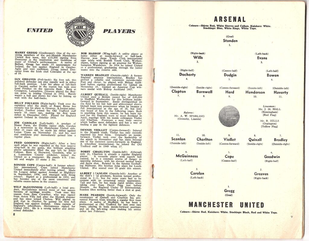 28th February 1959 Arsenal FC v Manchester United Division One Matchday 31 1958-1959 - Image 3