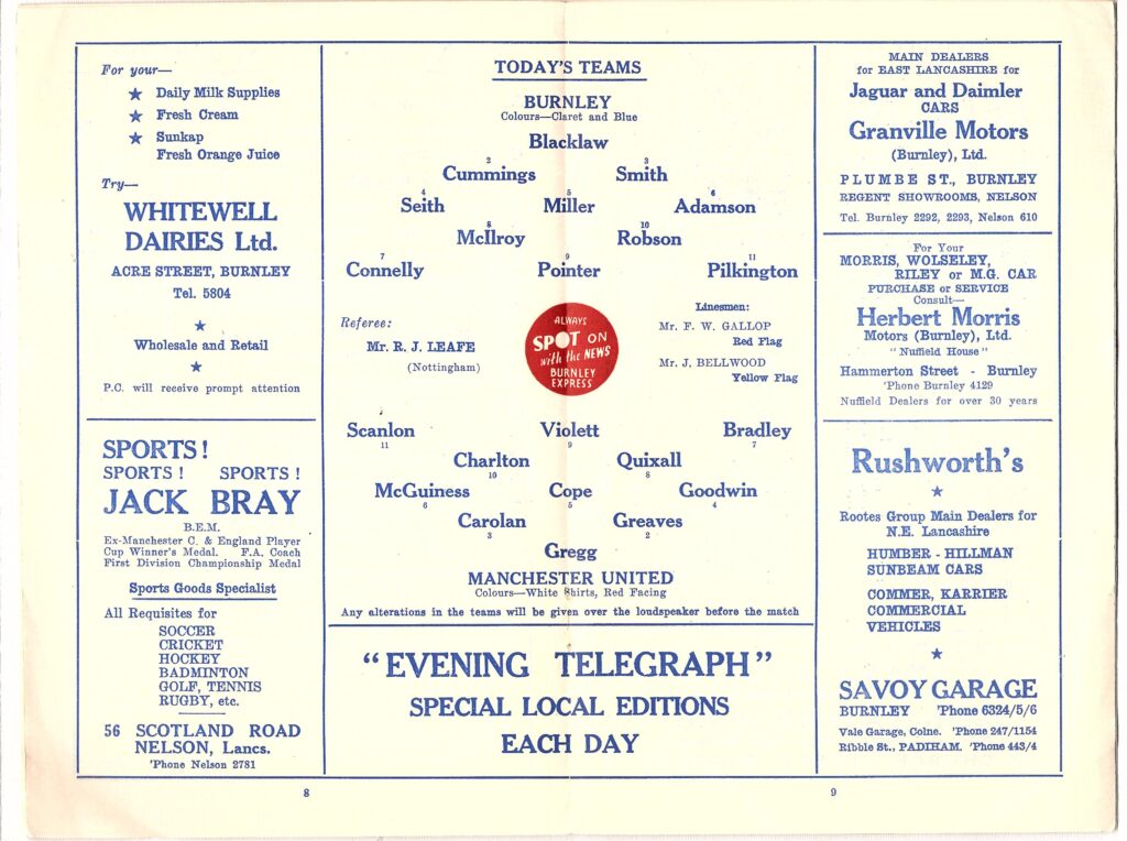 28th March 1959 Burnley FC v Manchester United Division One Matchday 37 1958-1959 - Image 3