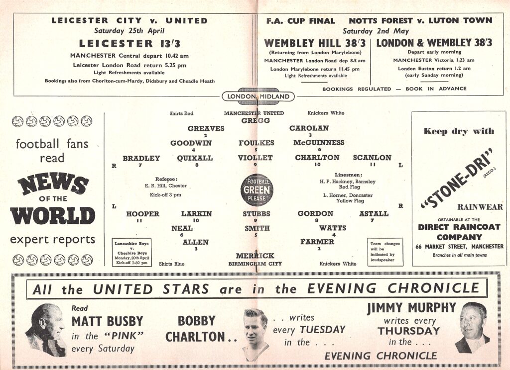 18th April 1959 Manchester United v Birmingham City Division One Matchday 41 1958-1959 - Image 3