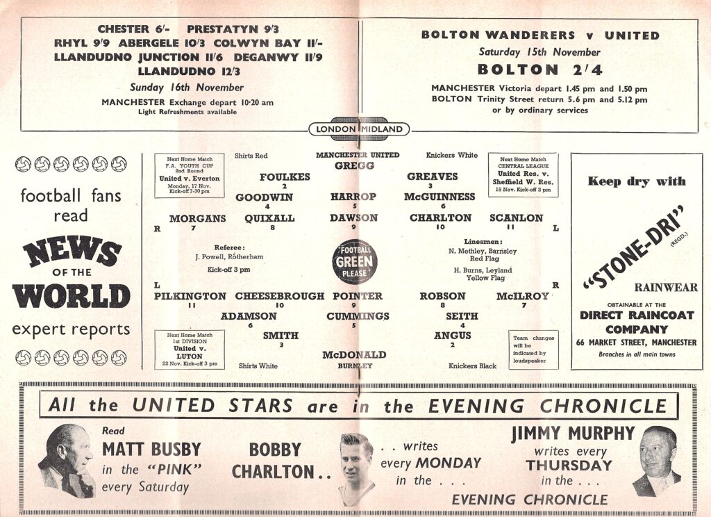 8th November 1958 Manchester United v Burnley FC Division One Matchday 17 1958-1959 - Image 3