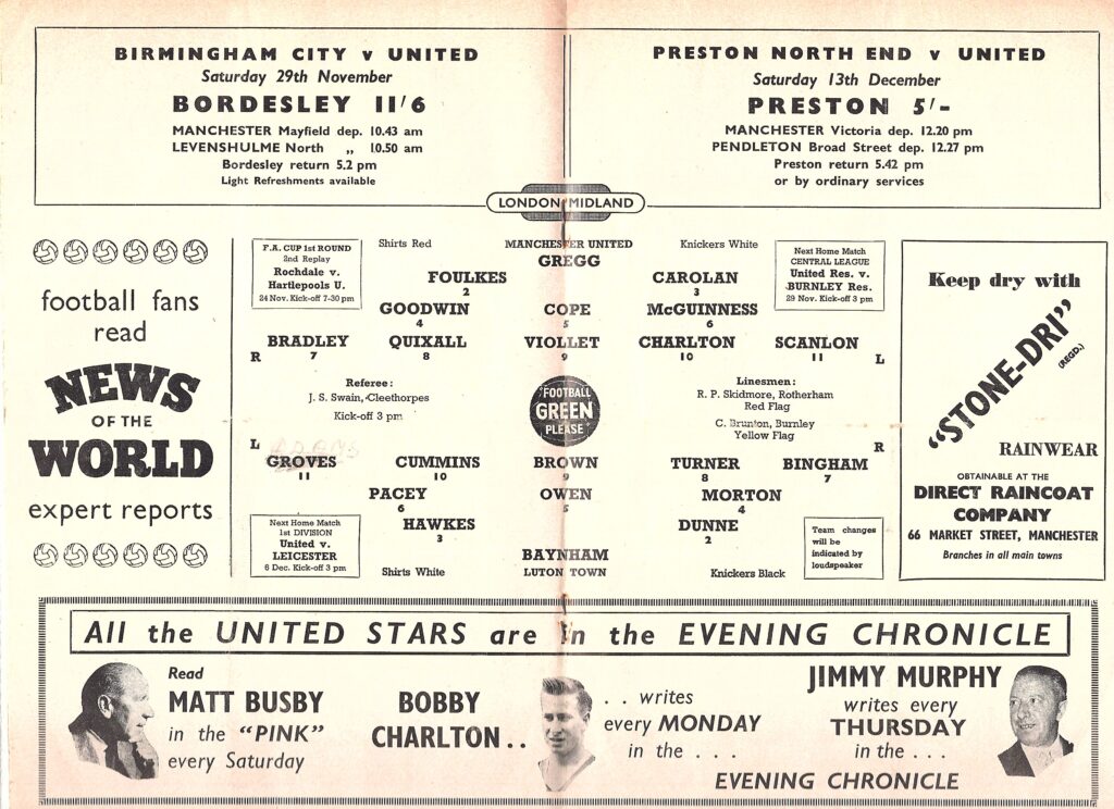 22nd November 1958 Manchester United v Luton Town Division One Matchday 19 1958-1959 - Image 3