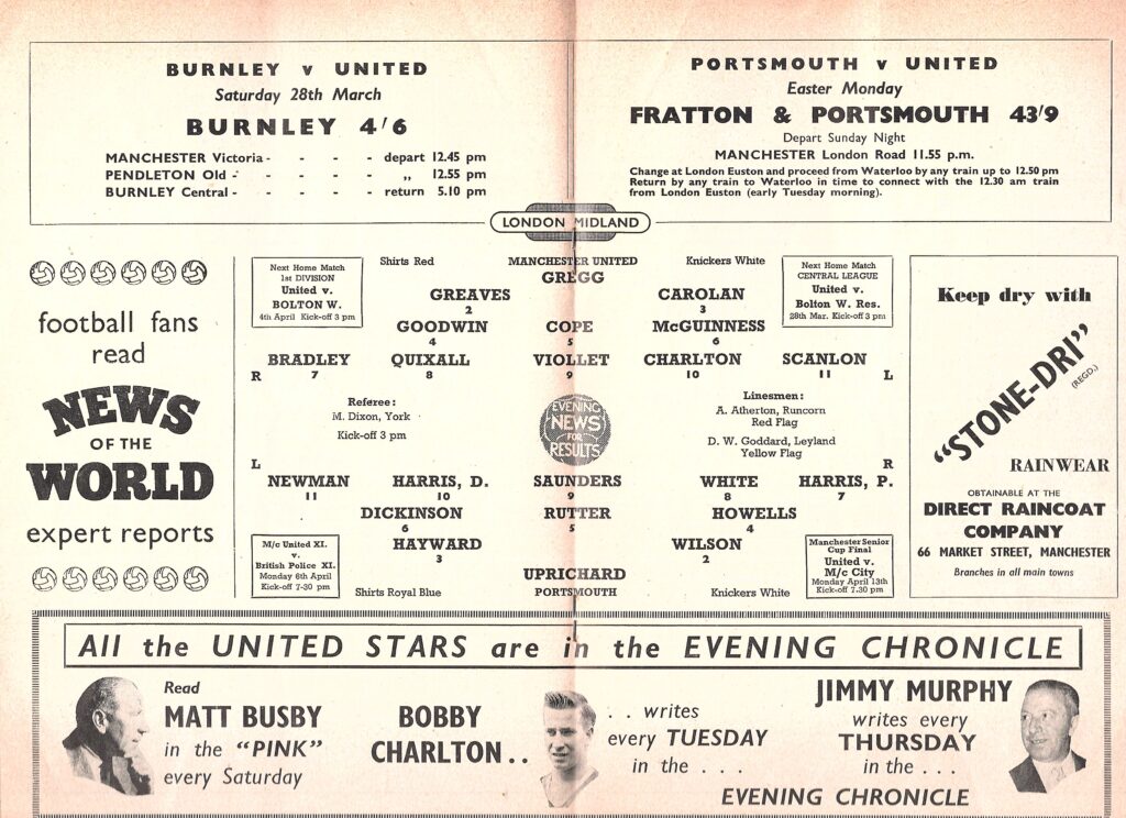 27th March 1959 Manchester United v Portsmouth FC Division One Matchday 36 1958-1959 - Image 3