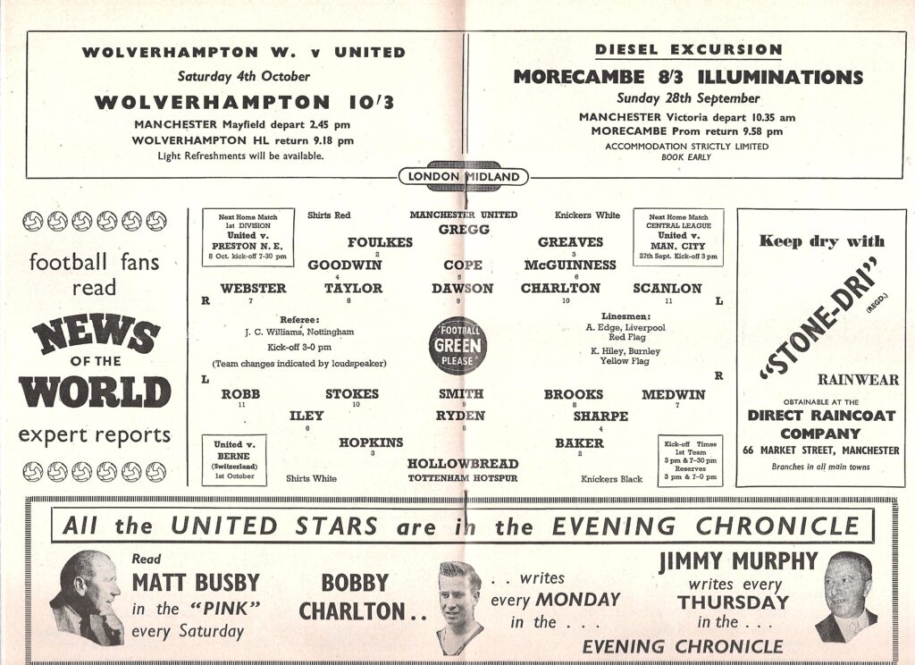 20th September 1958 Manchester United v Tottenham Hotspur Division One Matchday 09 1958-1959 - Image 3