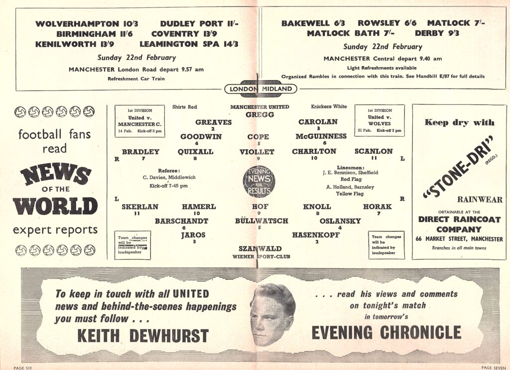 11th February 1959 Manchester United v Weiner Sport-Club European Cup Friendly 1958-1959 - Image 3