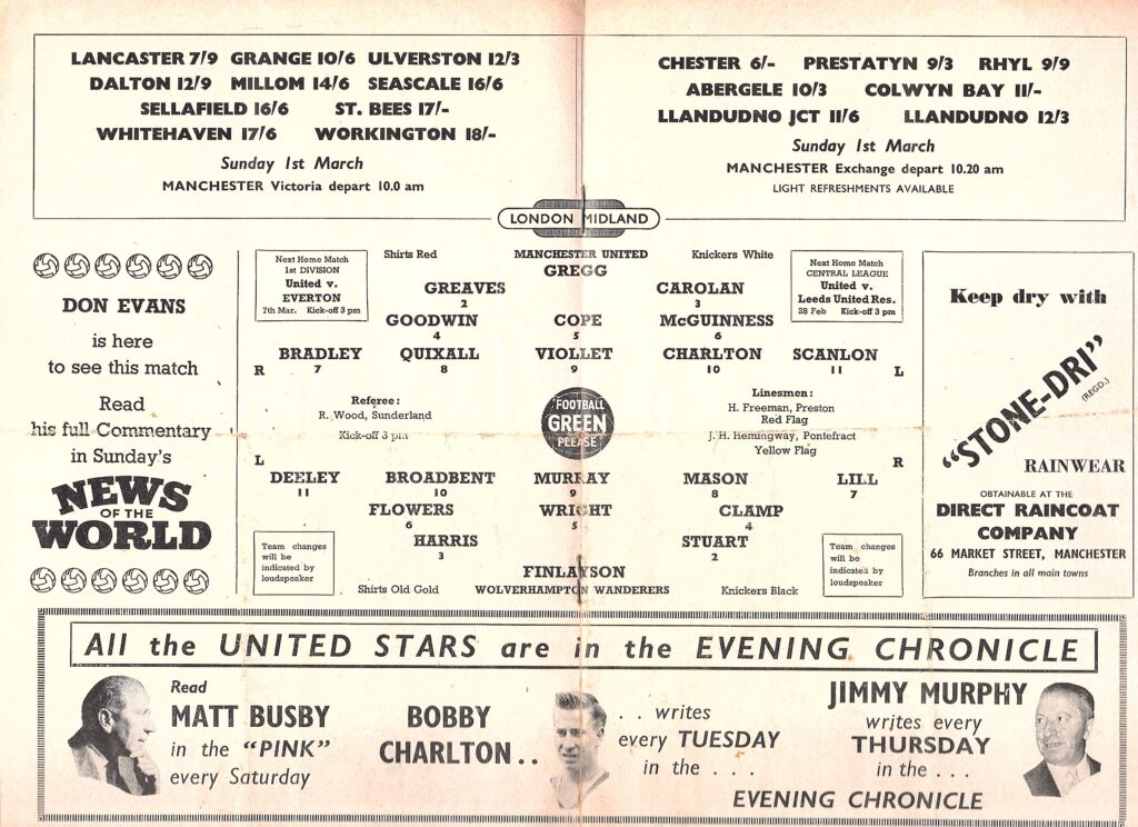 21st February 1959 Manchester United v Wolverhampton Wanderers Division One Matchday 30 1958-1959 - Image 3