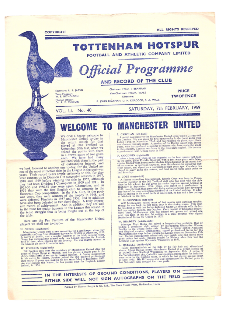 7th February 1959 Tottenham Hotspur v Manchester United Division One Matchday 28 1958-1959