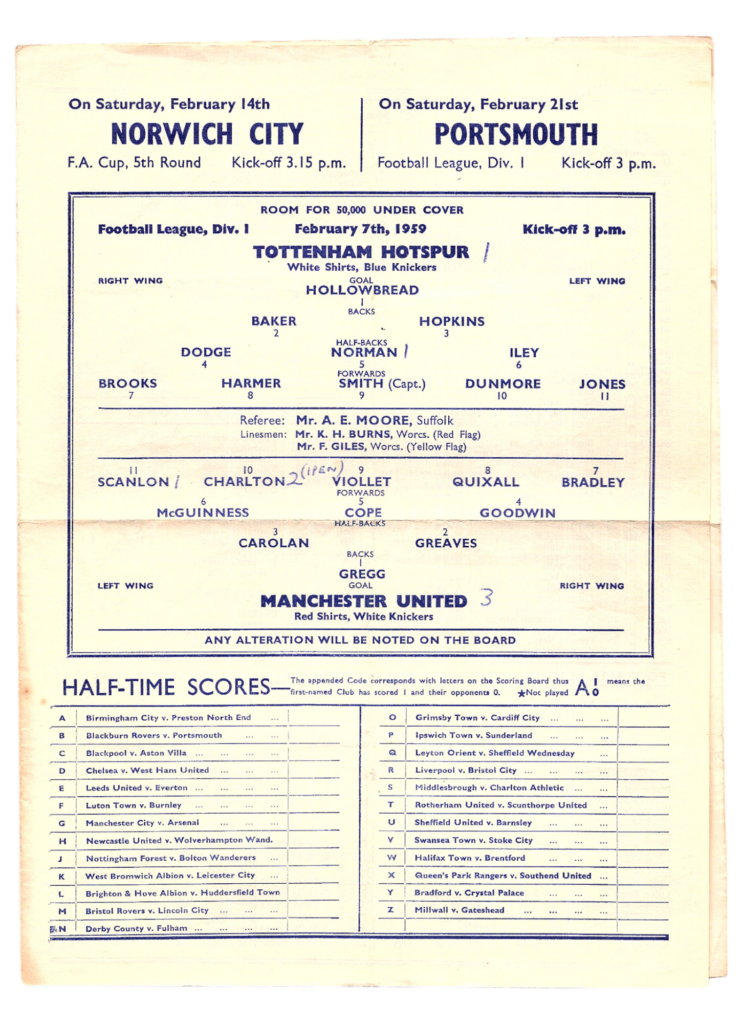 7th February 1959 Tottenham Hotspur v Manchester United Division One Matchday 28 1958-1959 - Image 3