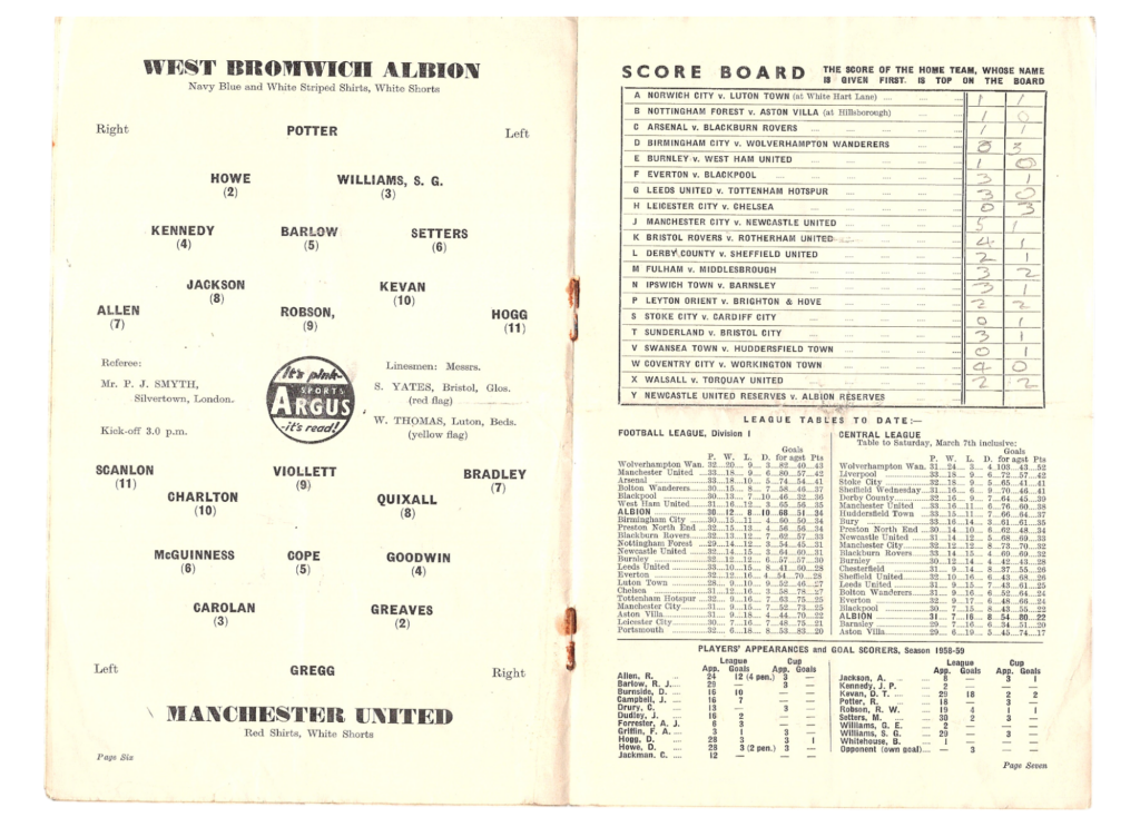 14th March 1959 West Bromwich Albion v Manchester United Division One Matchday 34 1958-1959 - Image 3