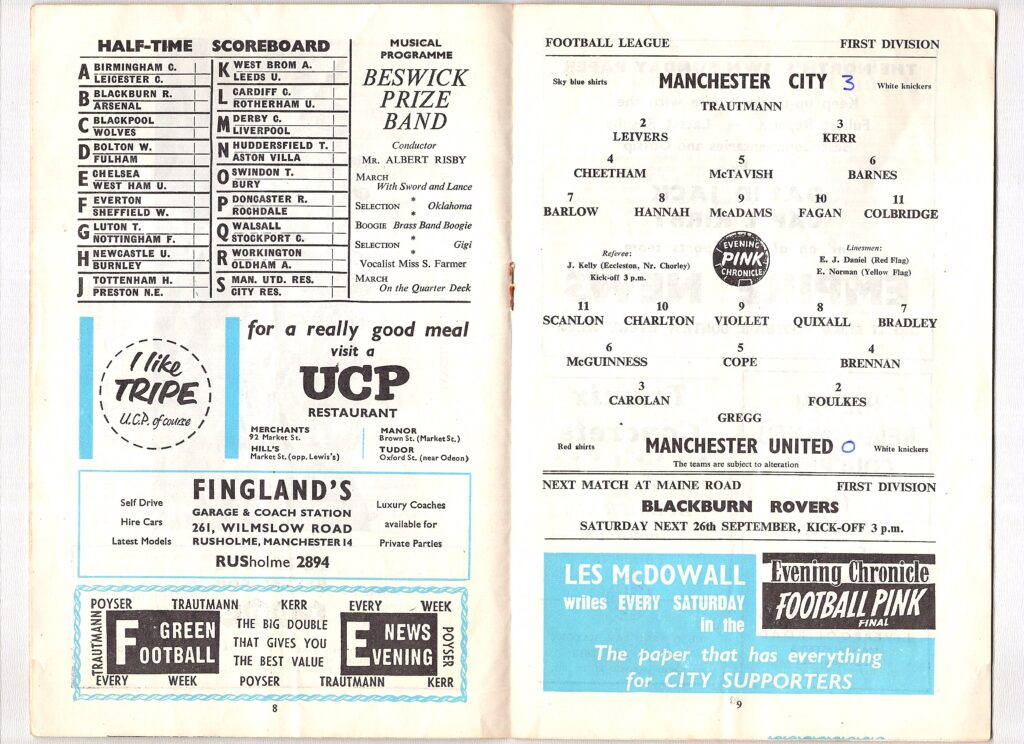 19th September 1959 Manchester City v Manchester United Division One Matchday 09 1959-1960 - Image 3