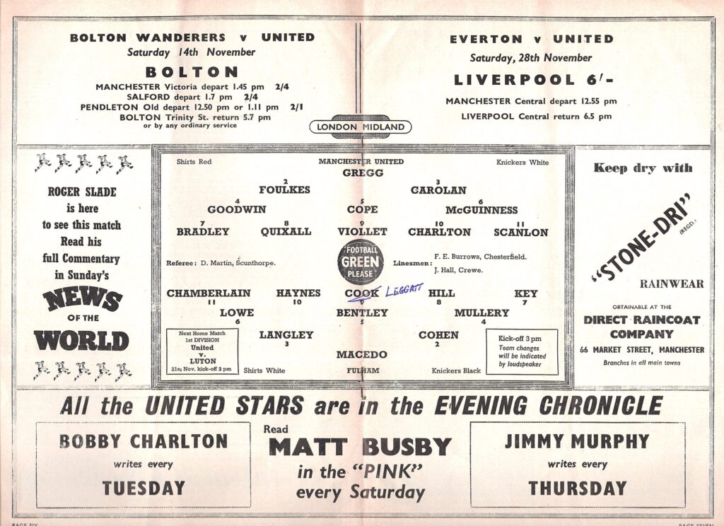 7th November 1959 Manchester United v Fulham FC Division One Matchday 16 1959-1960 - Image 3