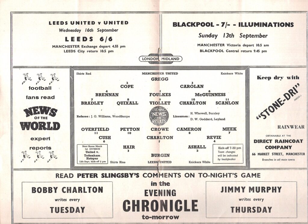 9th September 1959 Manchester United v Leeds United Division One Matchday 06 1959-1960 - Image 3