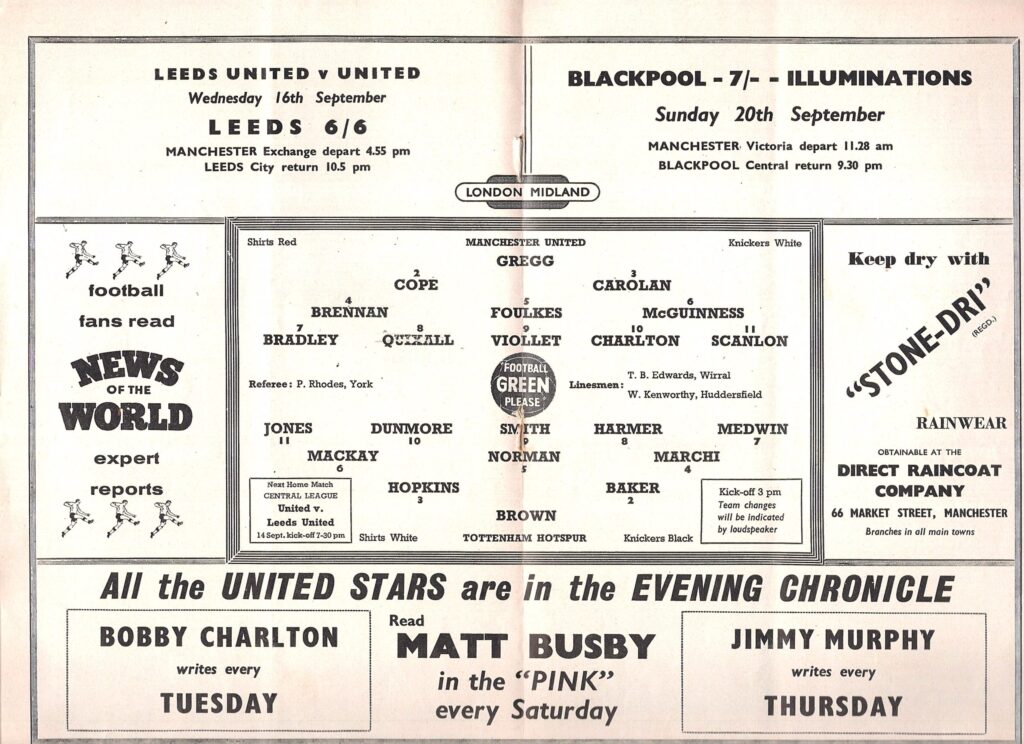 12th September 1959 Manchester United v Tottenham Hotspur Division One Matchday 07 1959-1960 - Image 3