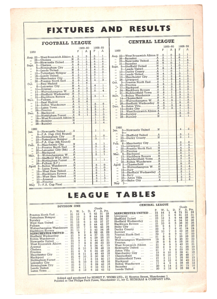 19th December 1959 Manchester United v West Bromwich Albion Division One Matchday 22 1959-1960 - Image 2