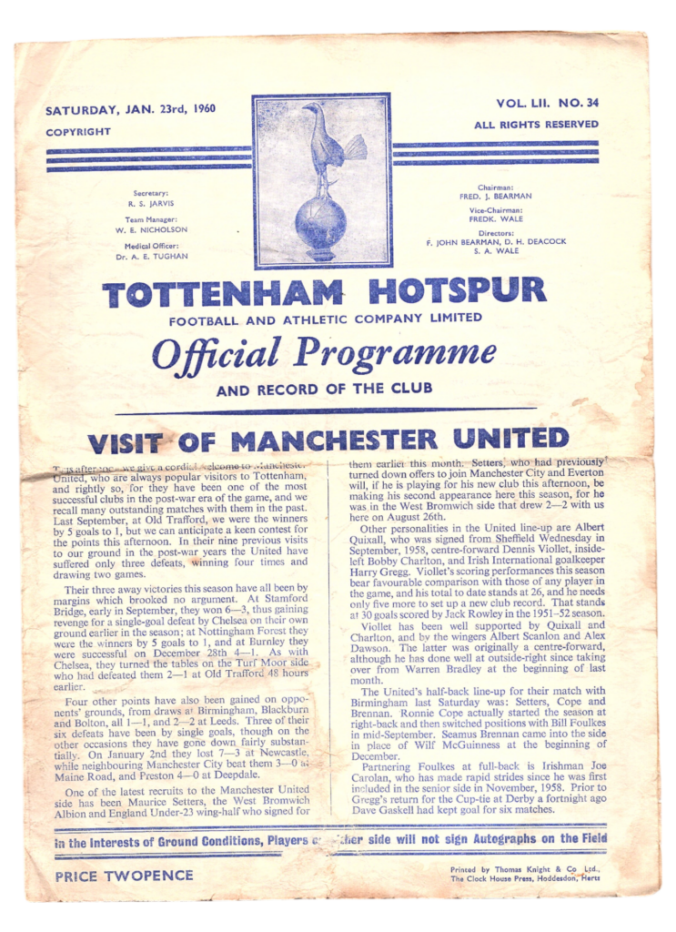 23rd January 1960 Tottenham Hotspur v Manchester United Division One Matchday 27 1959-1960