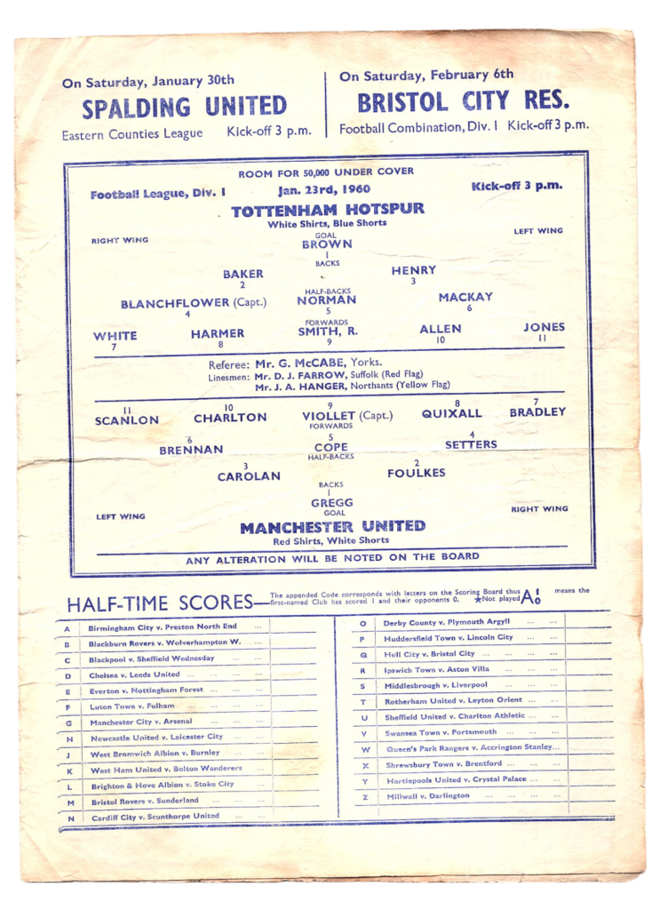 23rd January 1960 Tottenham Hotspur v Manchester United Division One Matchday 27 1959-1960 - Image 3