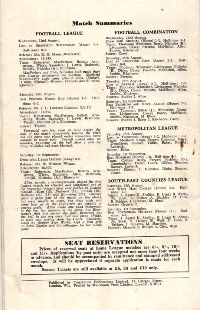 5th September 1956 Chelsea FC v Manchester United Division One Matchday 06 1956-1957 - Image 2