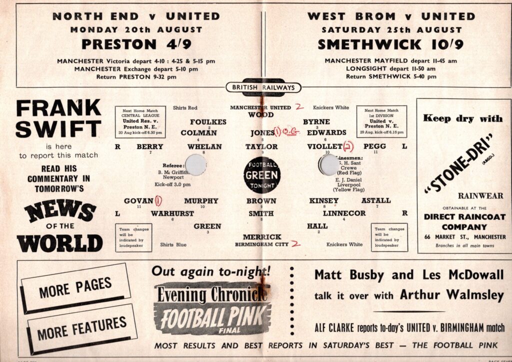 18th August 1956 Manchester United v Birmingham City Division One Matchday 01 1956-1957 - Image 3