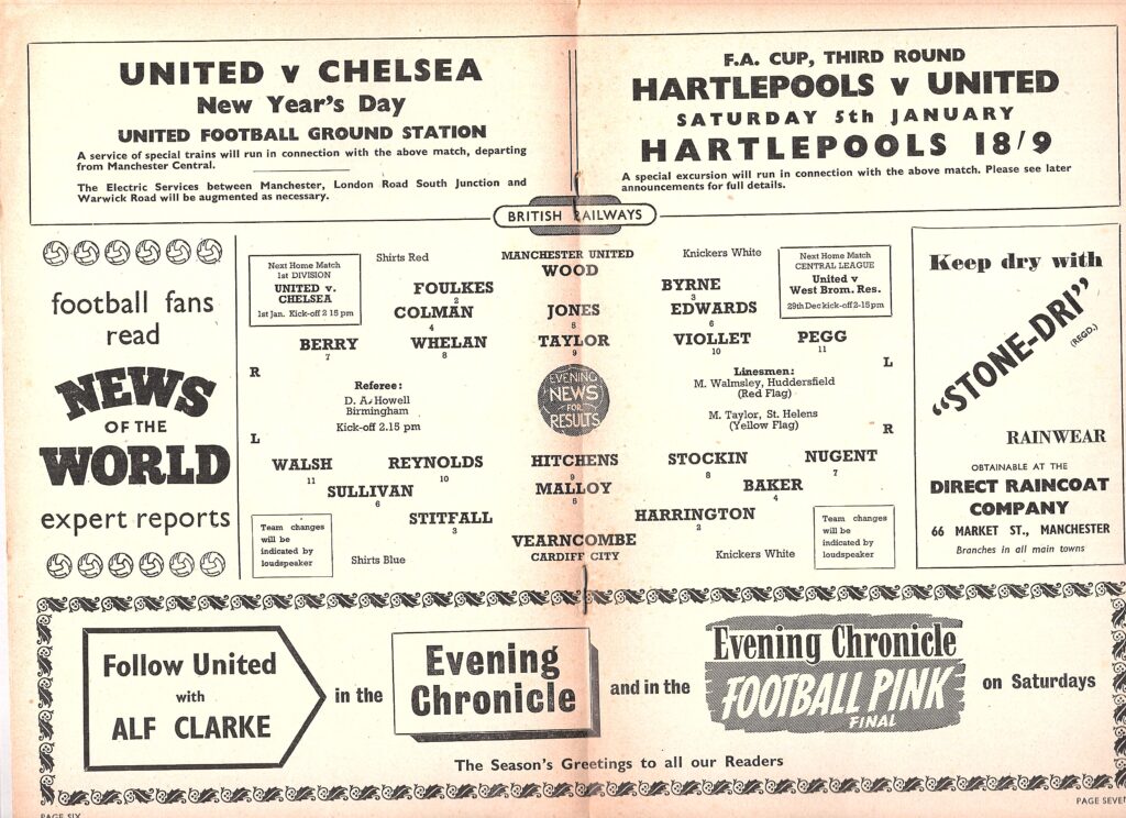 26th December 1956 Manchester United v Cardiff City Division One Matchday 22 1956-1957 - Image 3