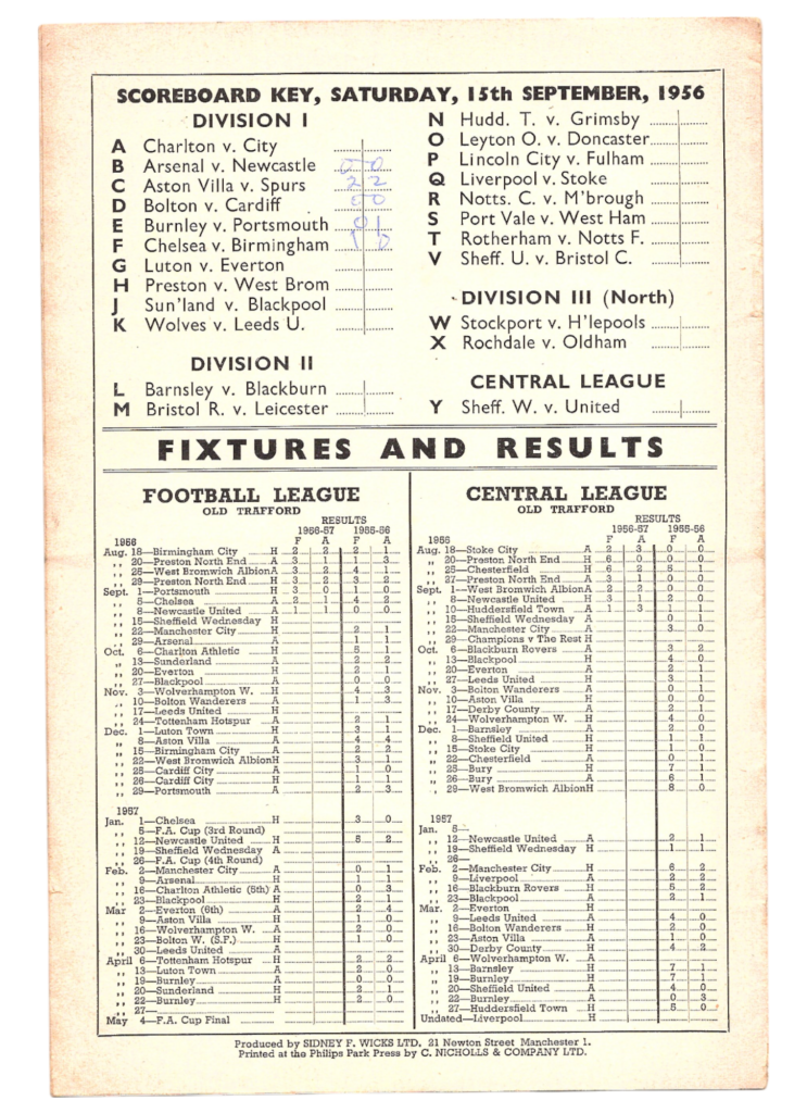 15th September 1956 Manchester United v Sheffield Wednesday Division One Matchday 08 1956-1957 - Image 2