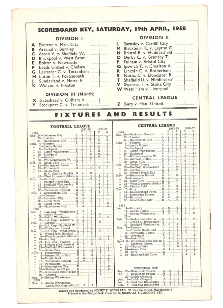 19th April 1958 Manchester United v Birmingham City Division One Matchday 39 1957-1958 - Image 2