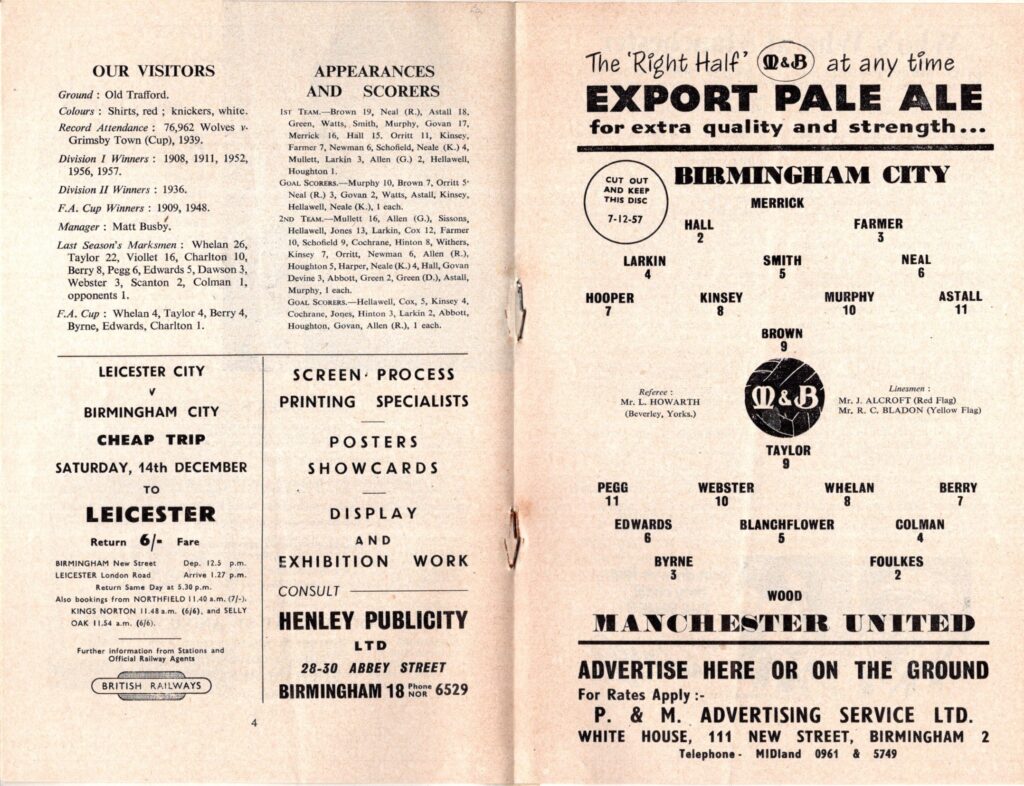 7th December 1957 Birmingham City v Manchester United Division One Matchday 20 1957-1958 - Image 3