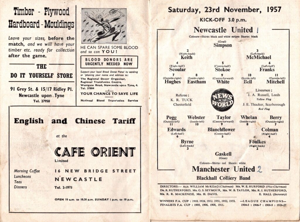 23rd November 1957 Newcastle United v Manchester United Division One Matchday 18 1957-1958 - Image 2