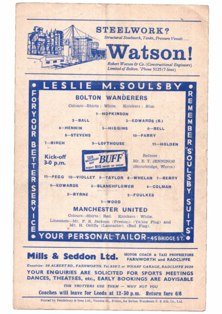 14th September 1957 Bolton Wanderers v Manchester United Division One Matchday 07 1957-1958 - Image 2