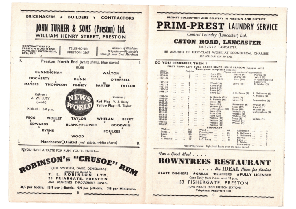 9th November 1957 Preston North End v Manchester United Division One Matchday 16 1957-1958 - Image 2