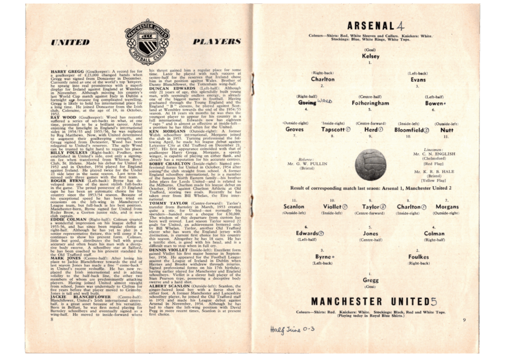 1st February 1958 Arsenal FC v Manchester United Division One Matchday 28 1957-1958 - Image 3